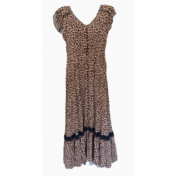 Caroline Morgan Black/Beige Leopard Print Button-Up Dress Lace Accents, Sm - Picture 1 of 6